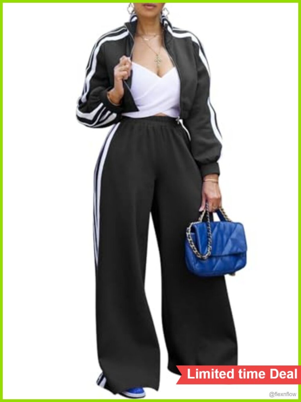 Women's 2 Piece Sweatsuit Striped Crop Zip Jacket Wide Leg Pants Set